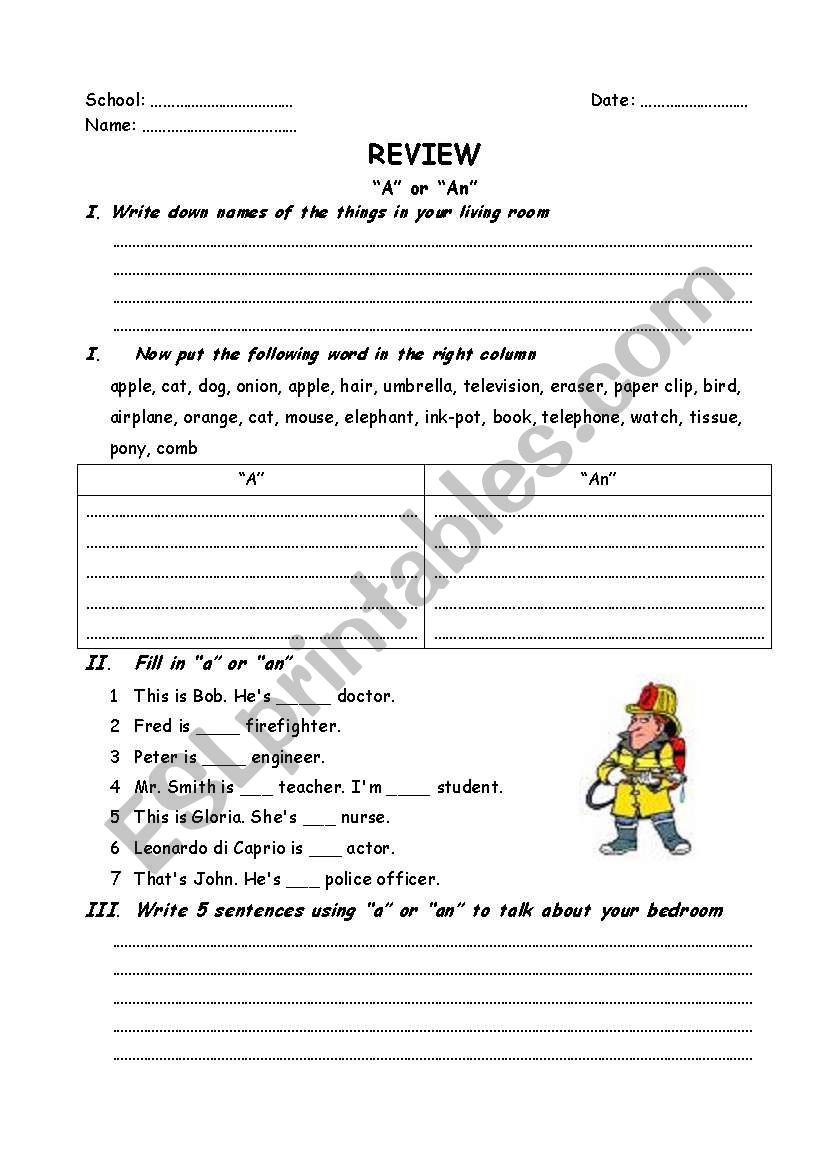 A, an review worksheet