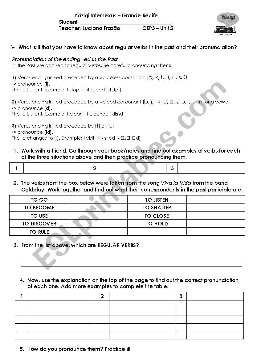 Pronunciation of Regular -ED verbs (SONG)