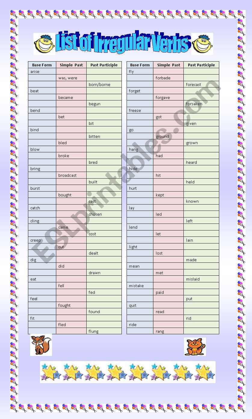 List of Irregular Verbs worksheet