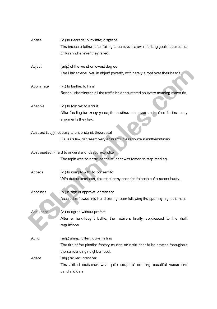 High Level Vocab worksheet