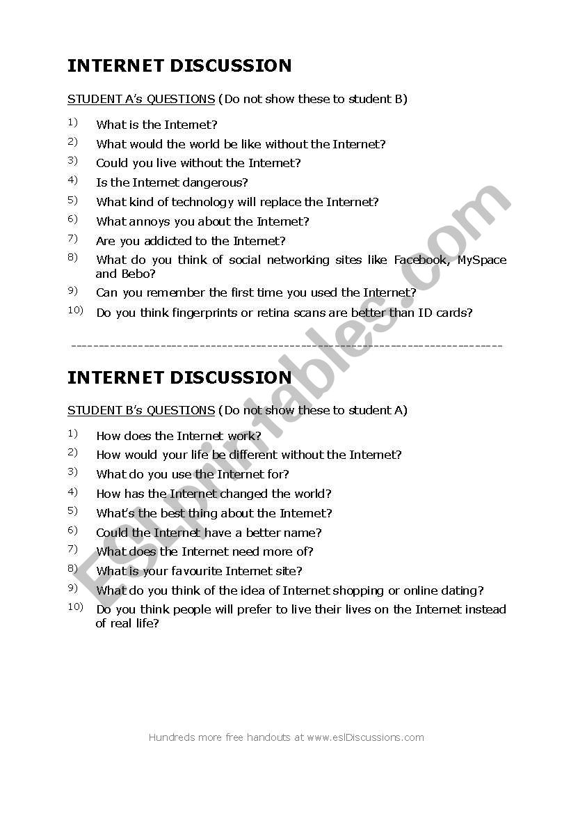Internet Discussion Questions worksheet