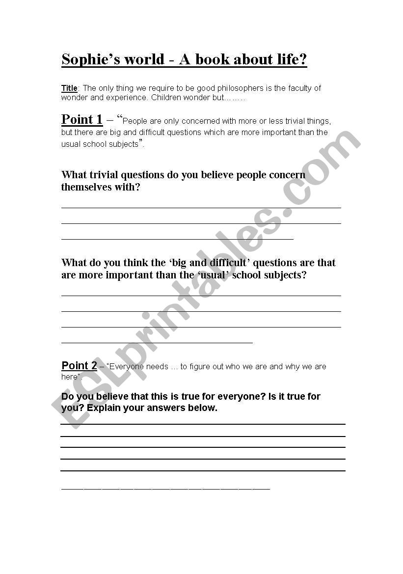 sophies world  worksheet