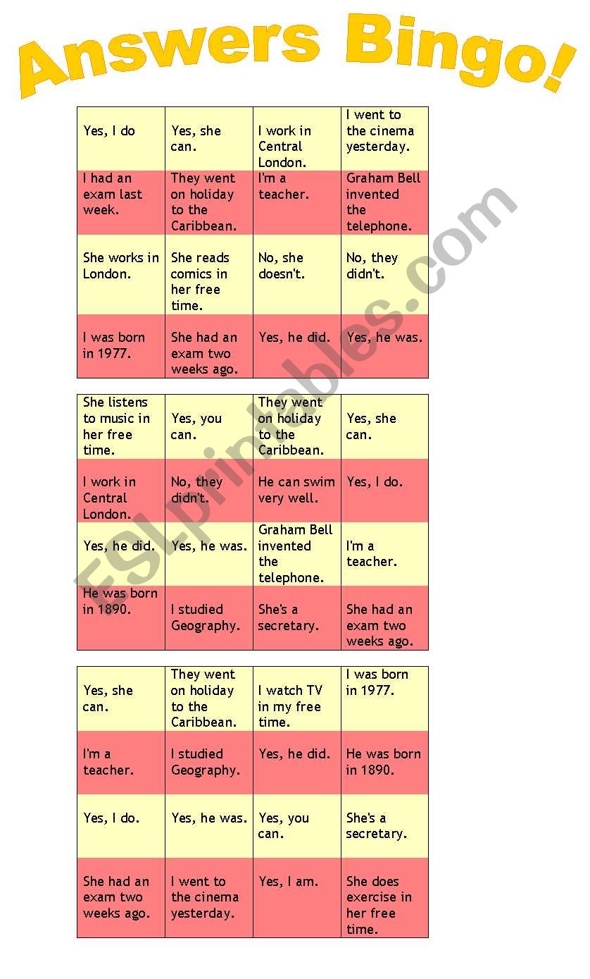 Answers Bingo! worksheet