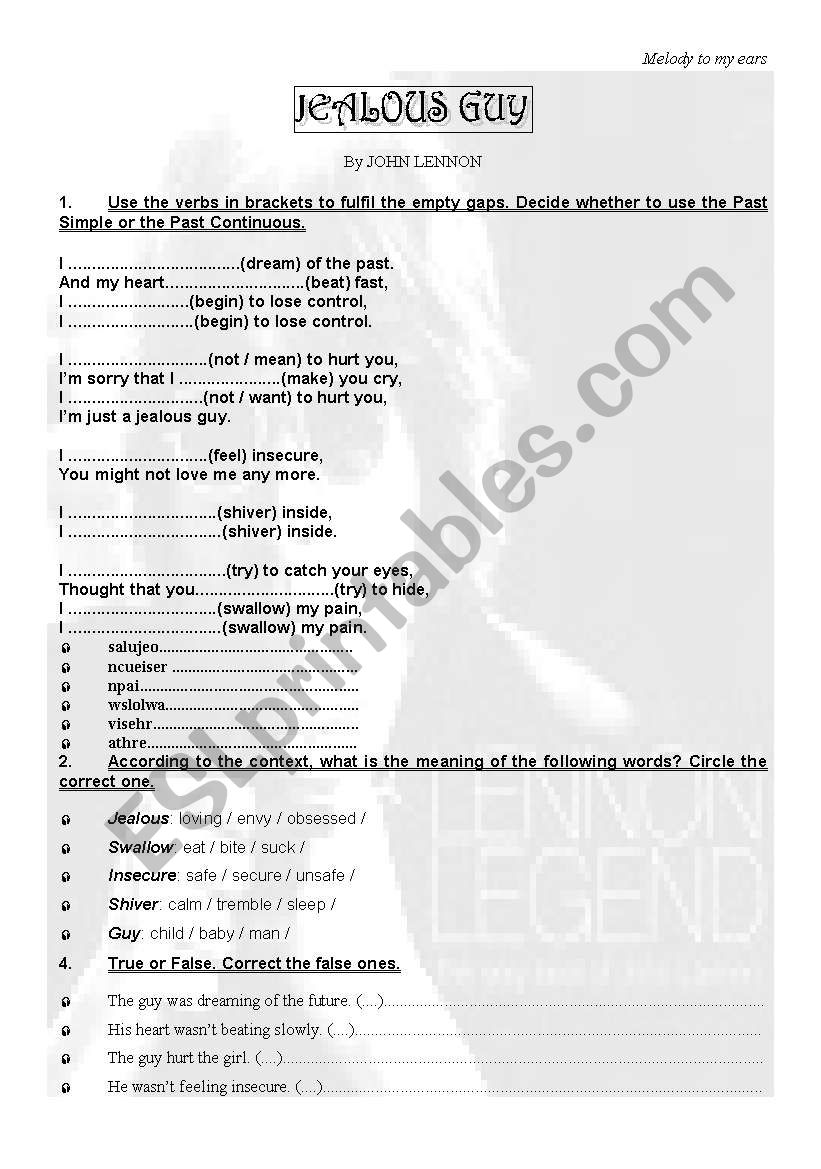 Jealous Guy by John Lennon worksheet