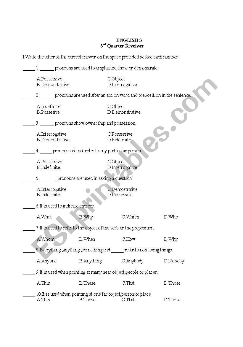 english test papers grade 3