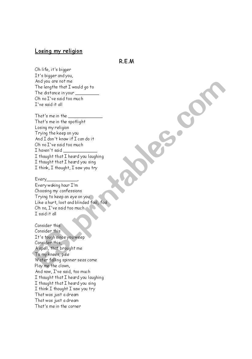 Losing my religion - REM worksheet