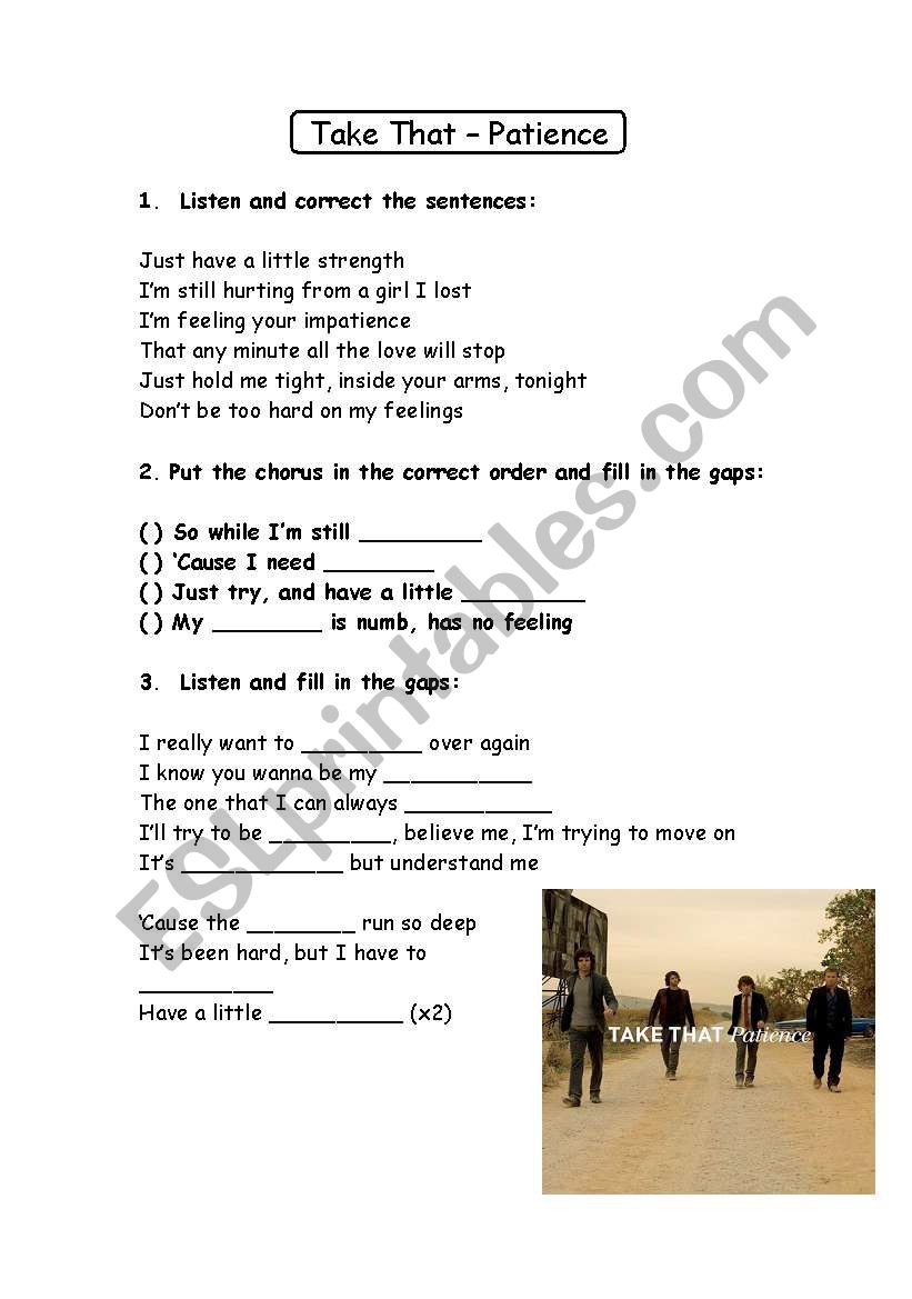 Patience Take That Fill in the gaps worksheet