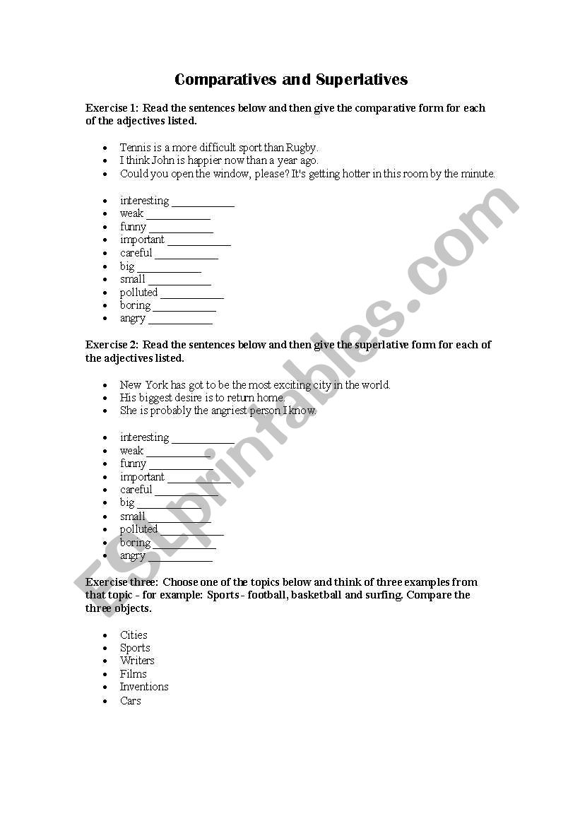 comparatives and superlatives worksheet