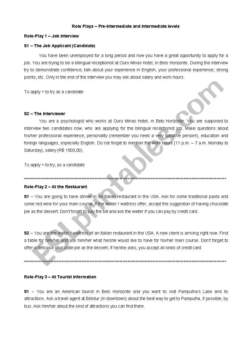 Role-Plays for Pre-Intermediate and Intermediate Levels