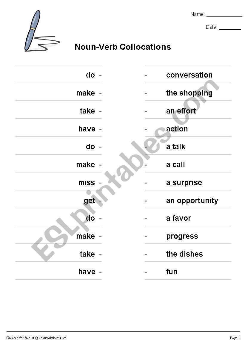 Noun Verb Collocations - Matching Exercise