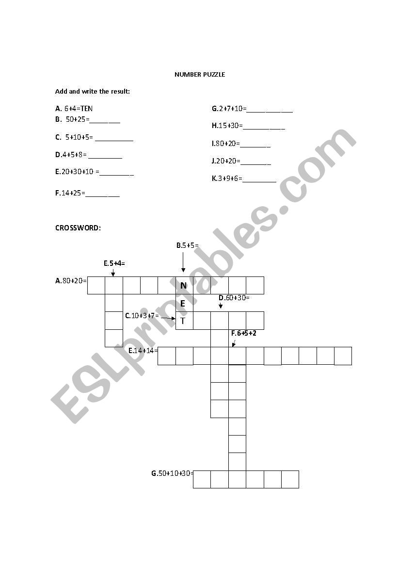numbers 1-100 crossword worksheet