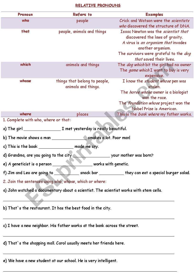 Relative pronouns worksheet