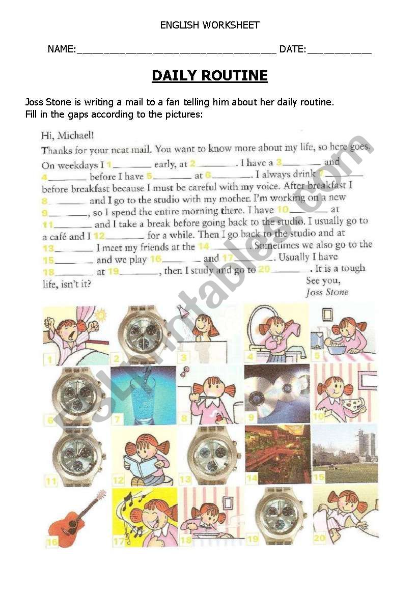 Joss Stones Daily routine worksheet