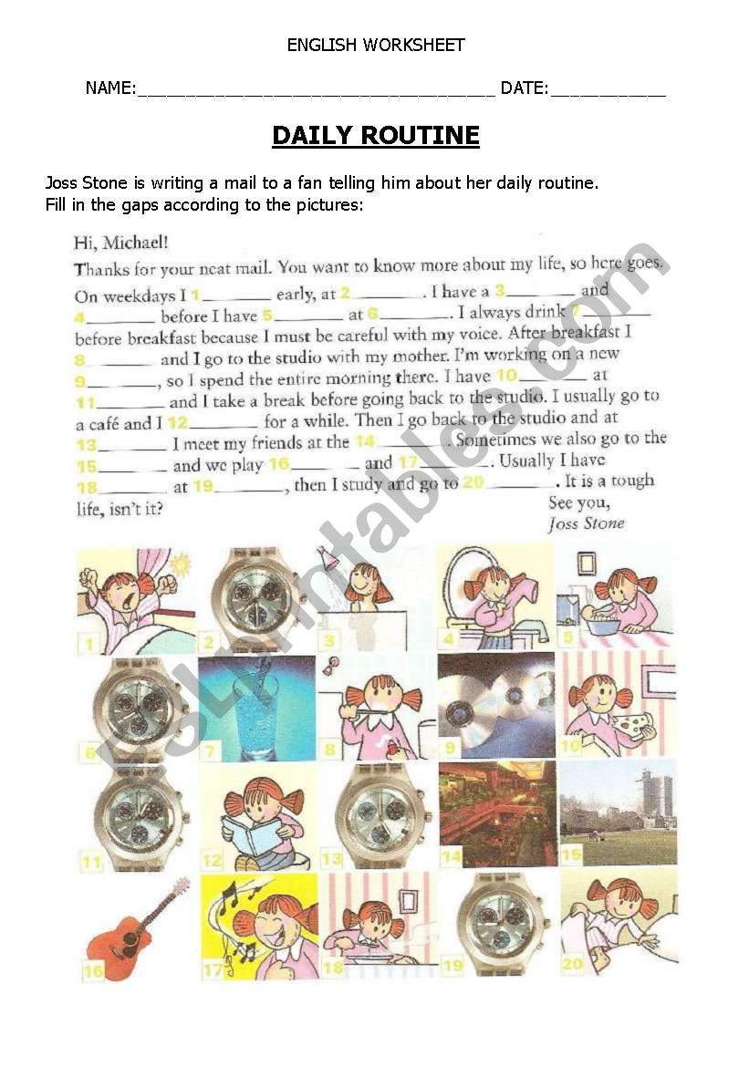 Joss Stones Daily routine worksheet