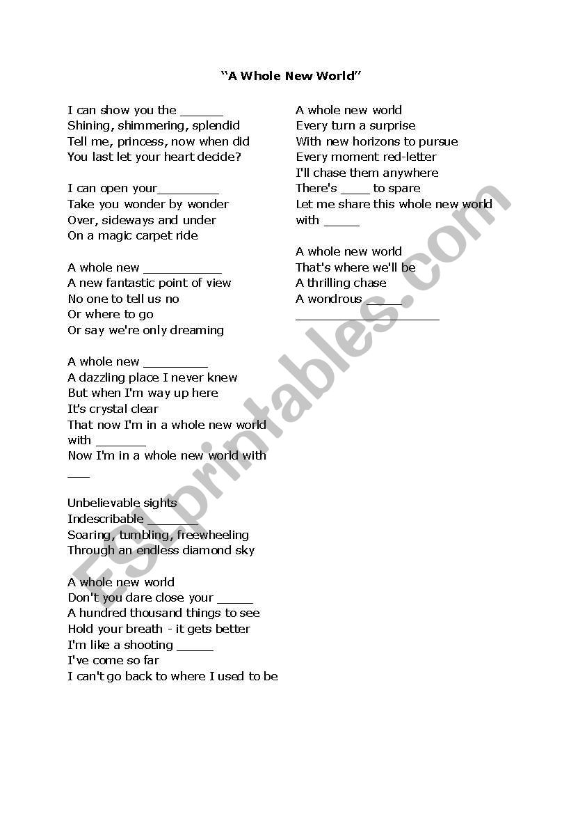 A Whole New World  worksheet
