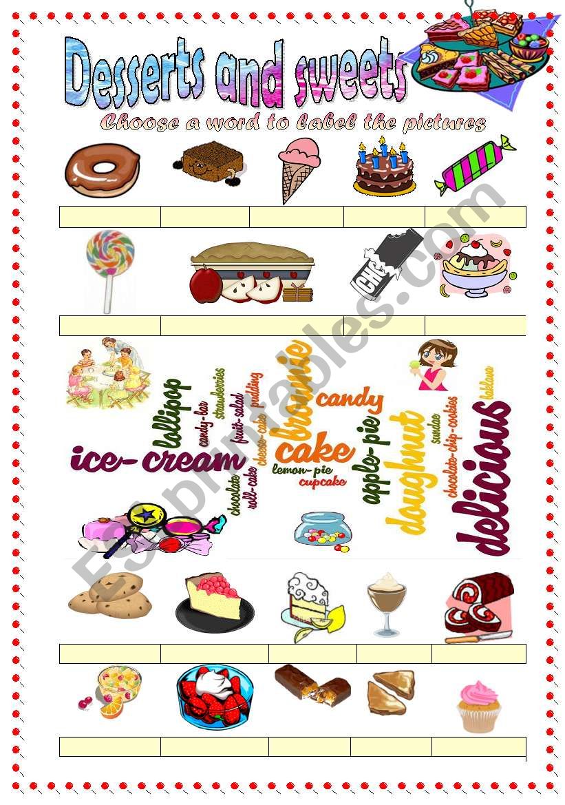 Desserts and sweets vocabulary (word mosaic included)