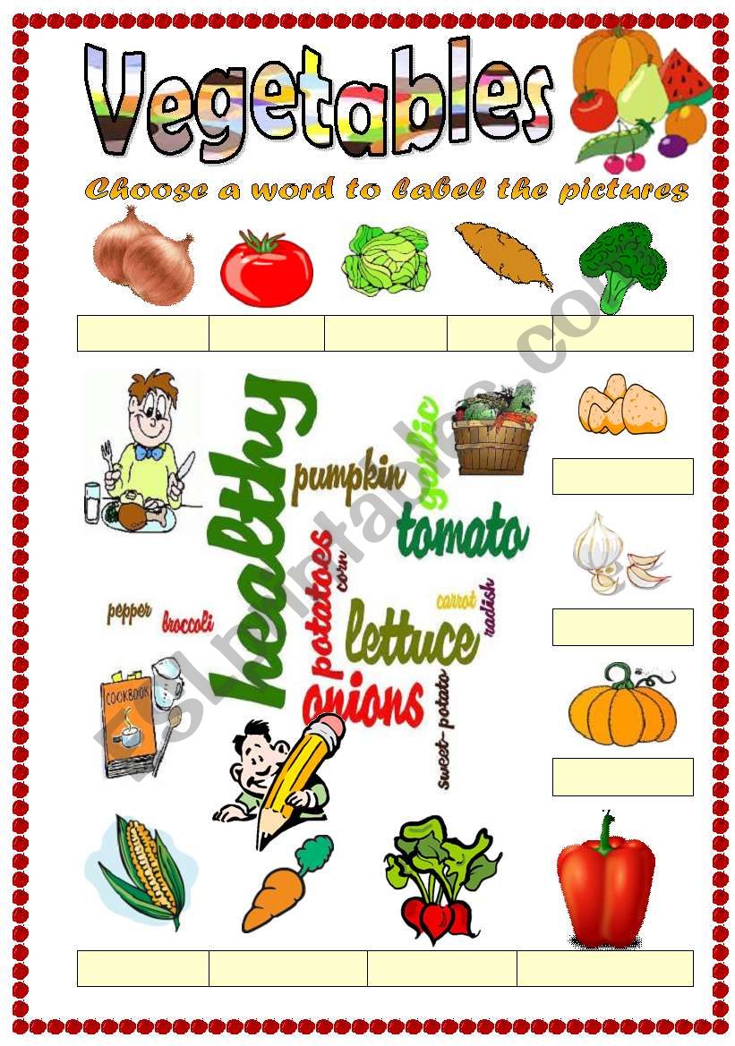 Vegetables vocabulary (word mosaic included)