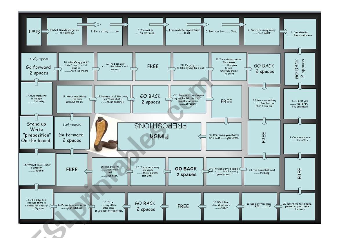 Preposition board game worksheet