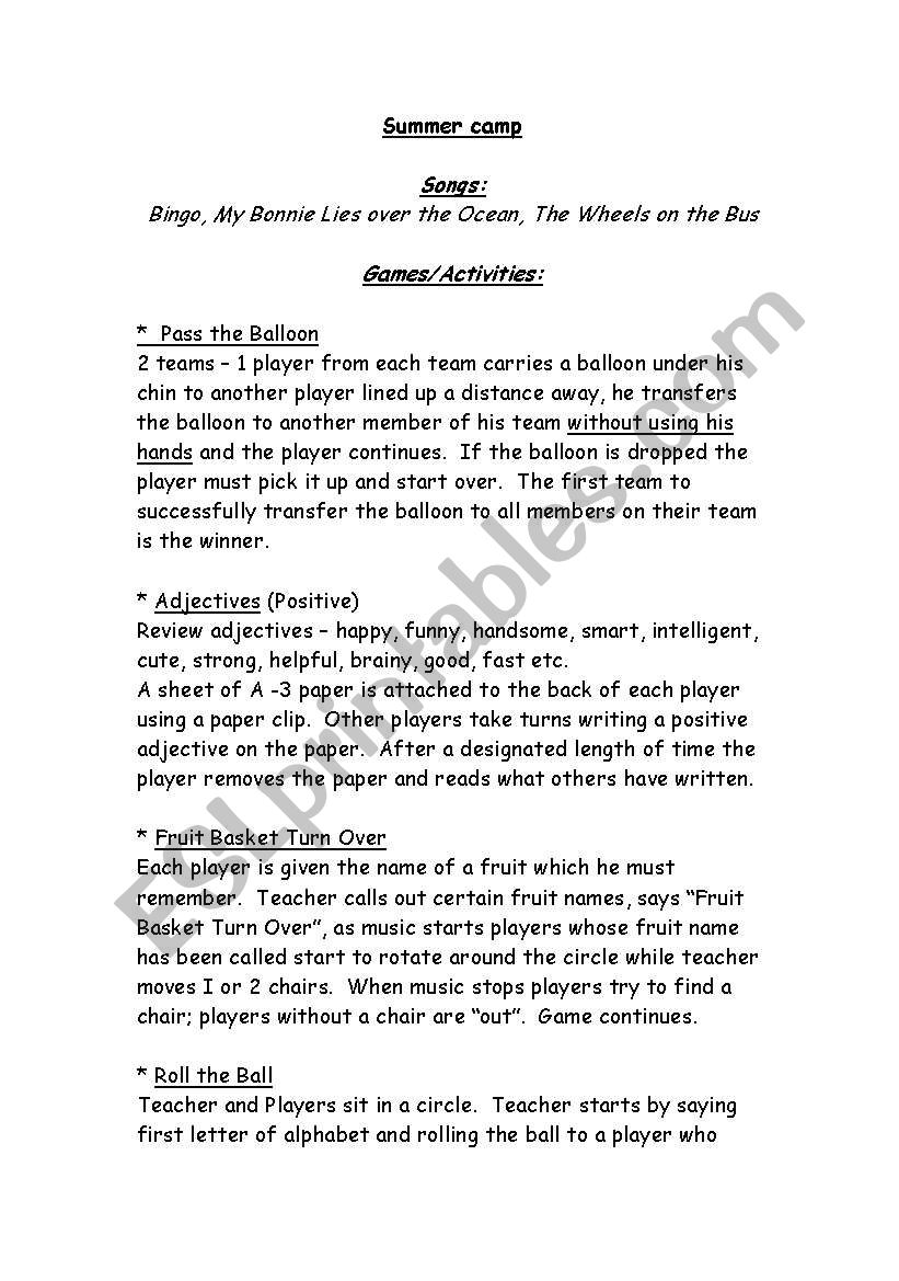 Games for summer camp worksheet