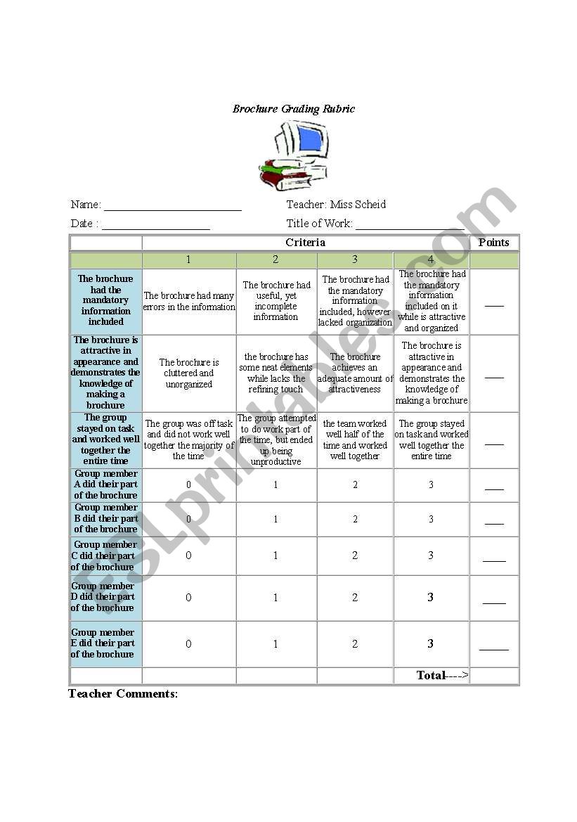 Brochure Grading Rubric worksheet