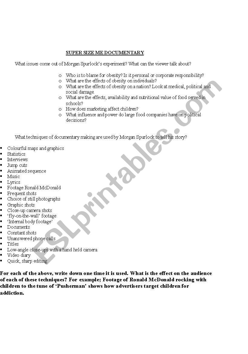 Documentary - SuperSize me worksheet