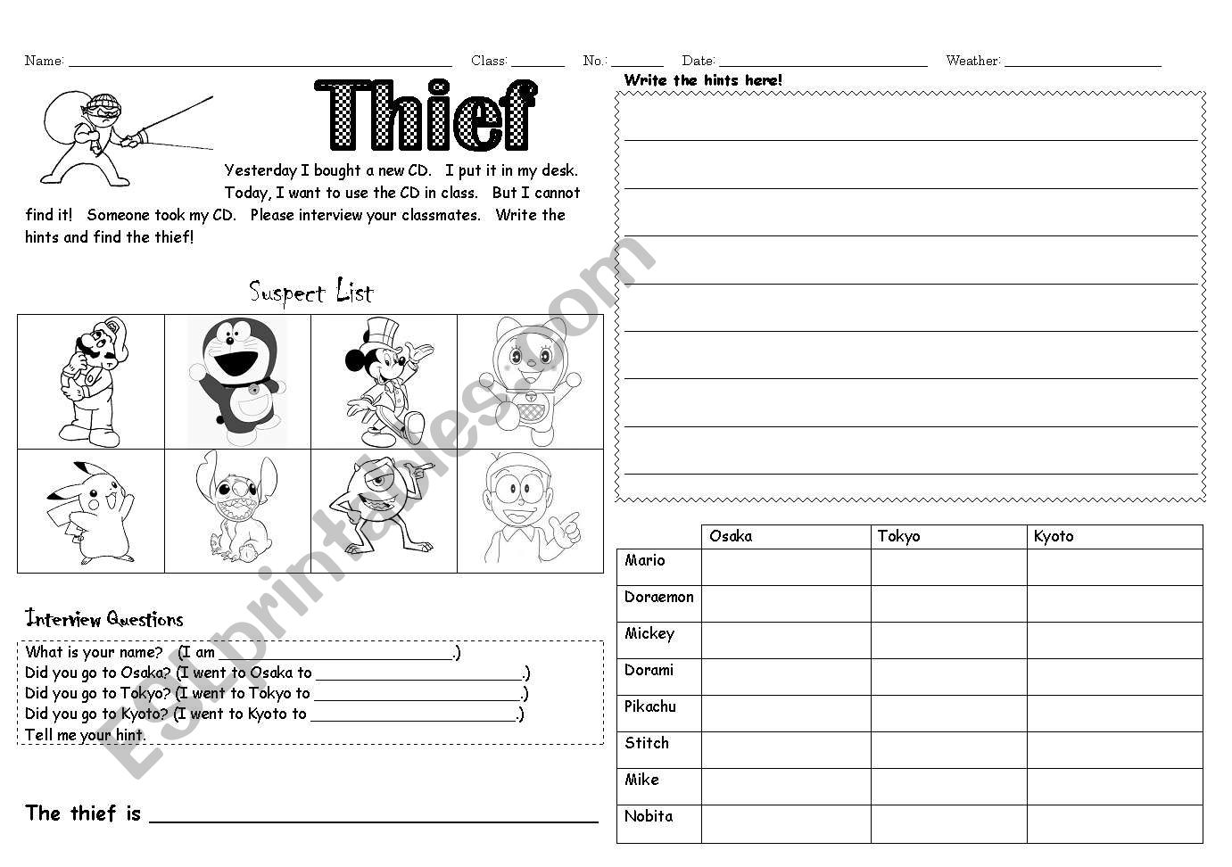 Thief worksheet