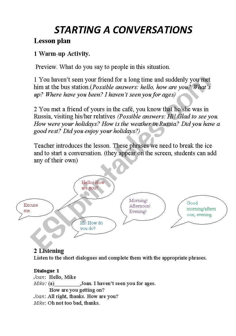 Starting a conversation worksheet