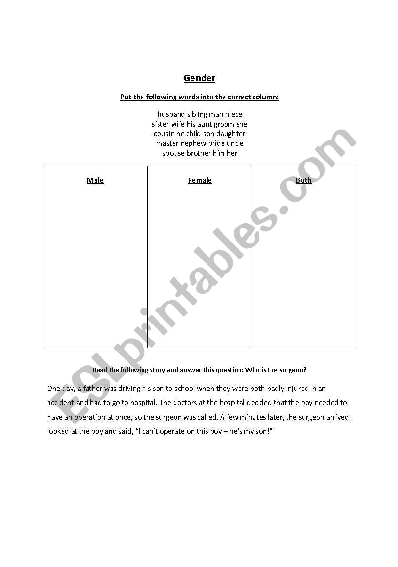 Gender worksheet