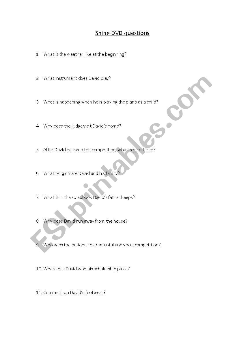 Shine movie questions worksheet