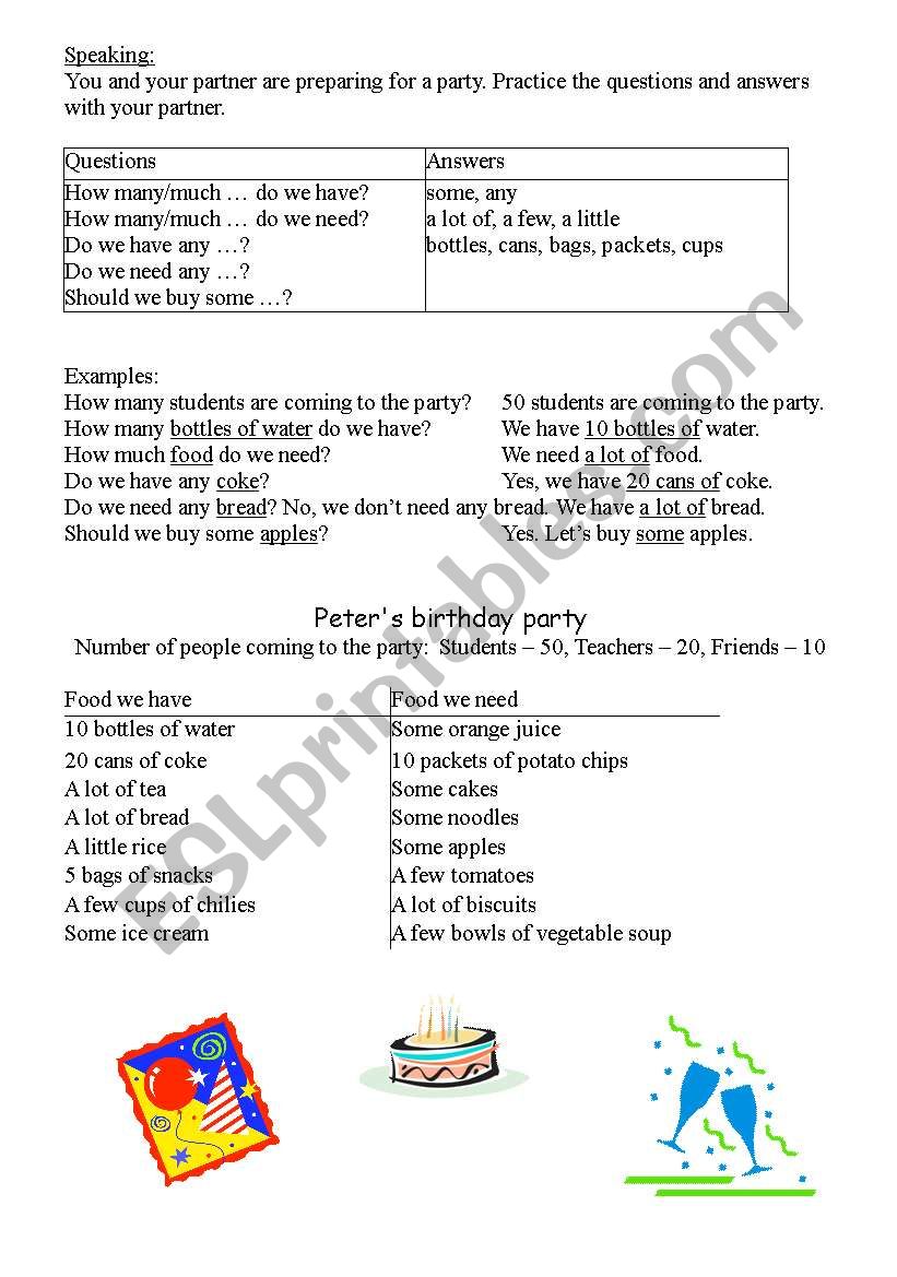 Speaking exercise - preparing a party