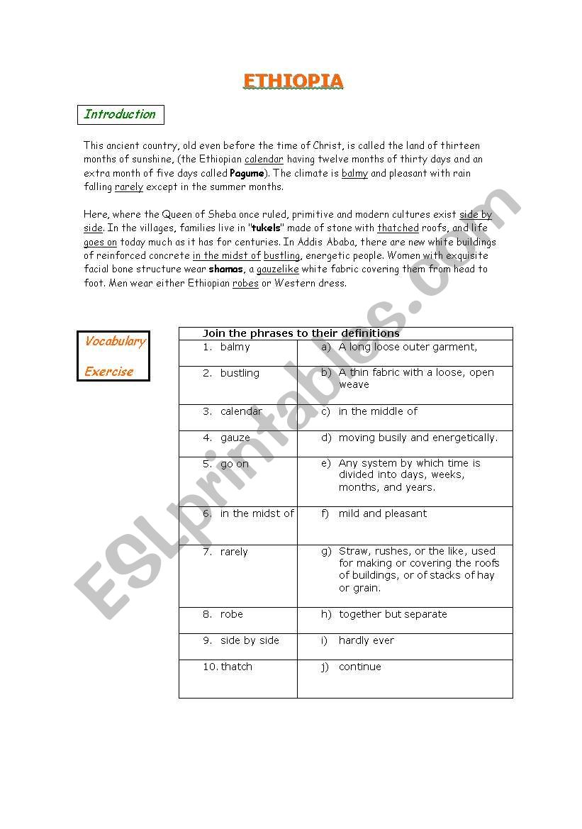 Worksheet on Ethiopia worksheet