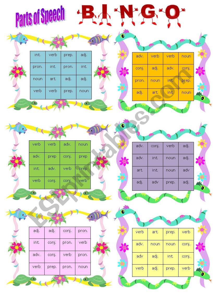 Parts of speech bingo worksheet