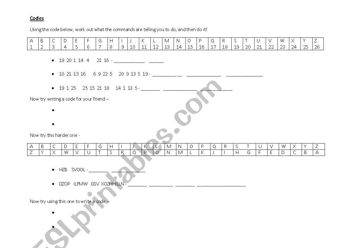 Codes worksheet