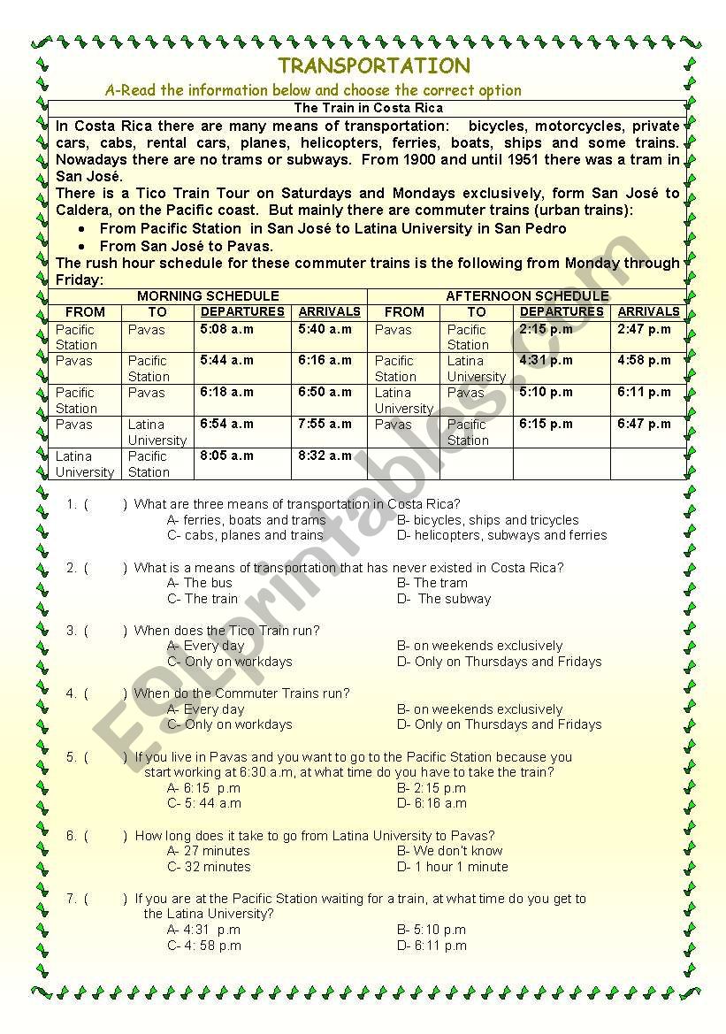 TRANSPORTATION worksheet