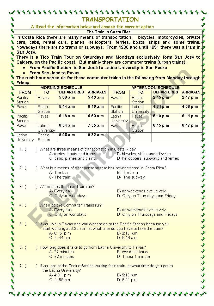 TRANSPORTATION worksheet