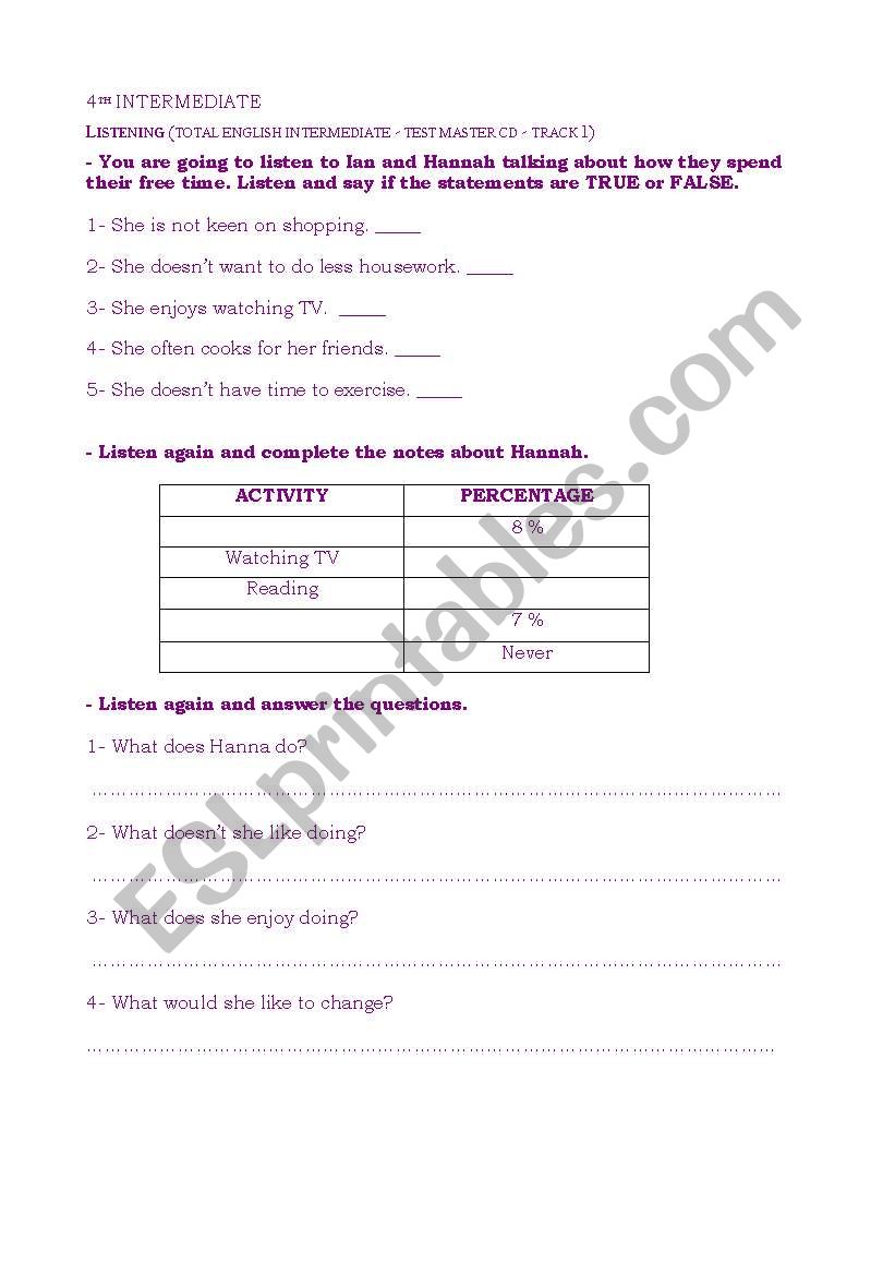 Pre-Intermediate Listening worksheet