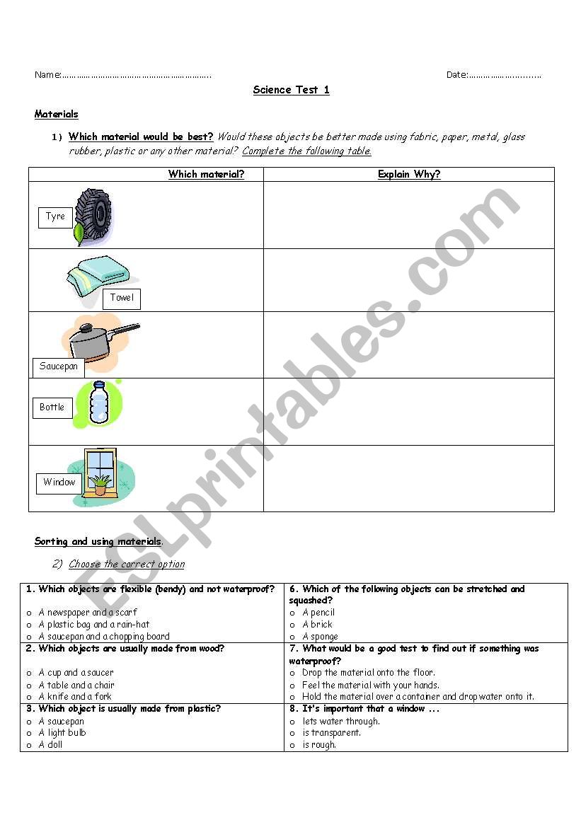 Science Materials worksheet