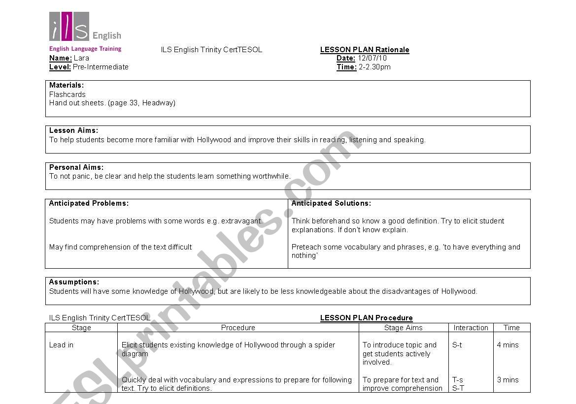 Lesson Plan on Hollywood worksheet