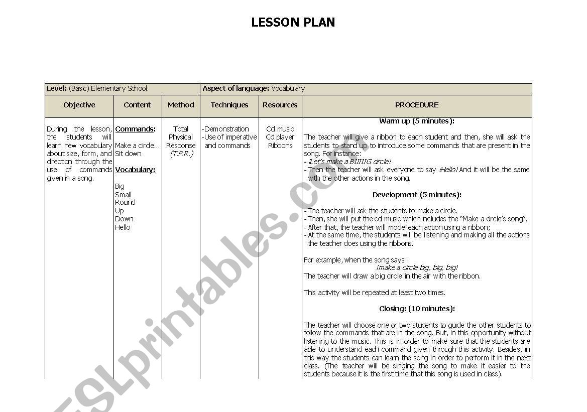 LESSON PLAN FOR KIDS worksheet