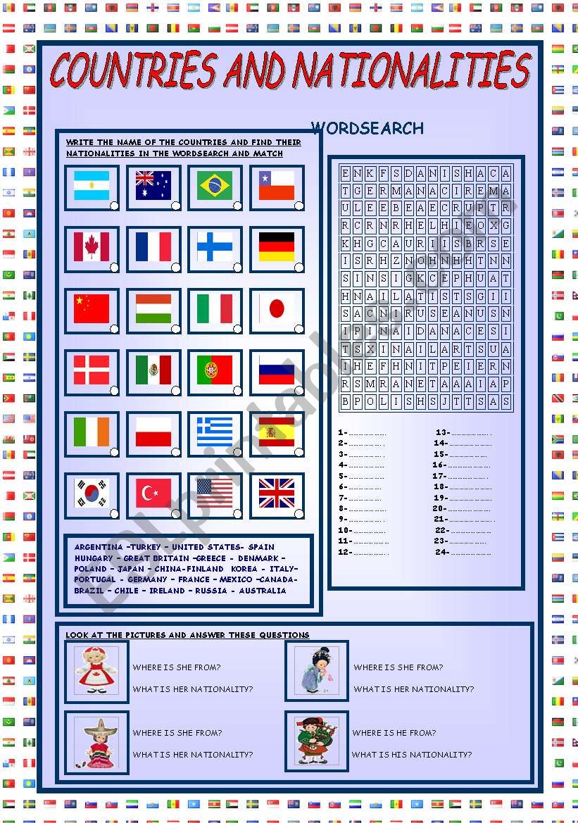 COUNTRIES AND NATIONALITIES worksheet