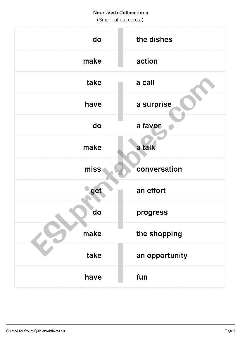 English worksheets: Noun-Verb Collocations - Matching Cards
