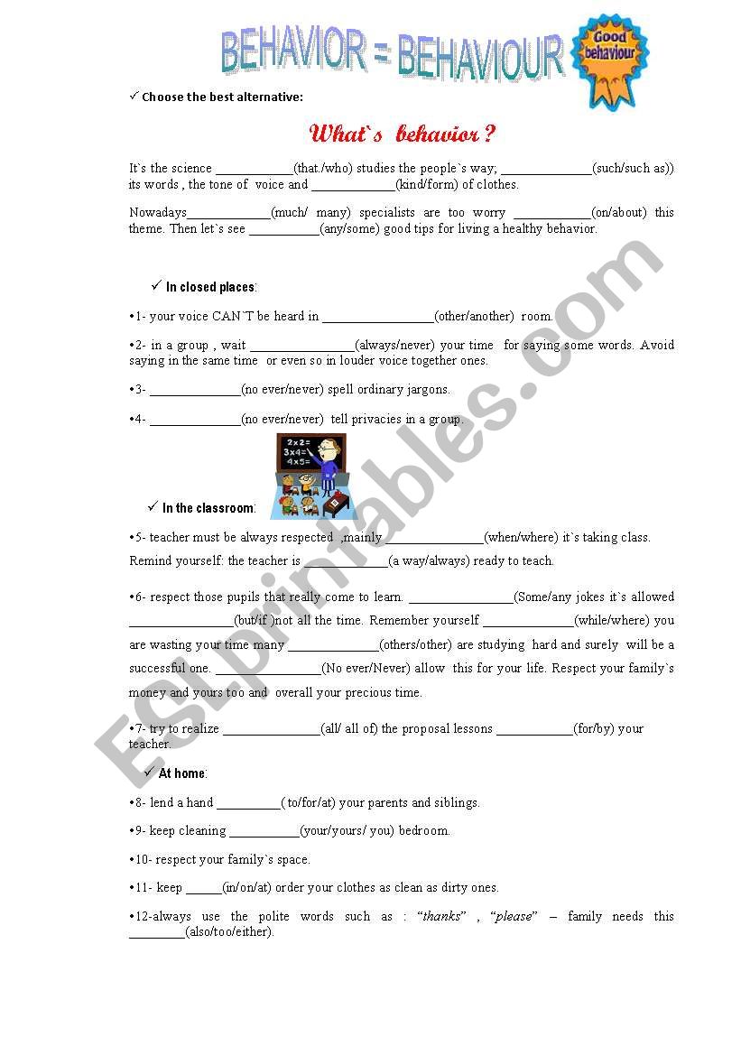 Tips for good behavior worksheet