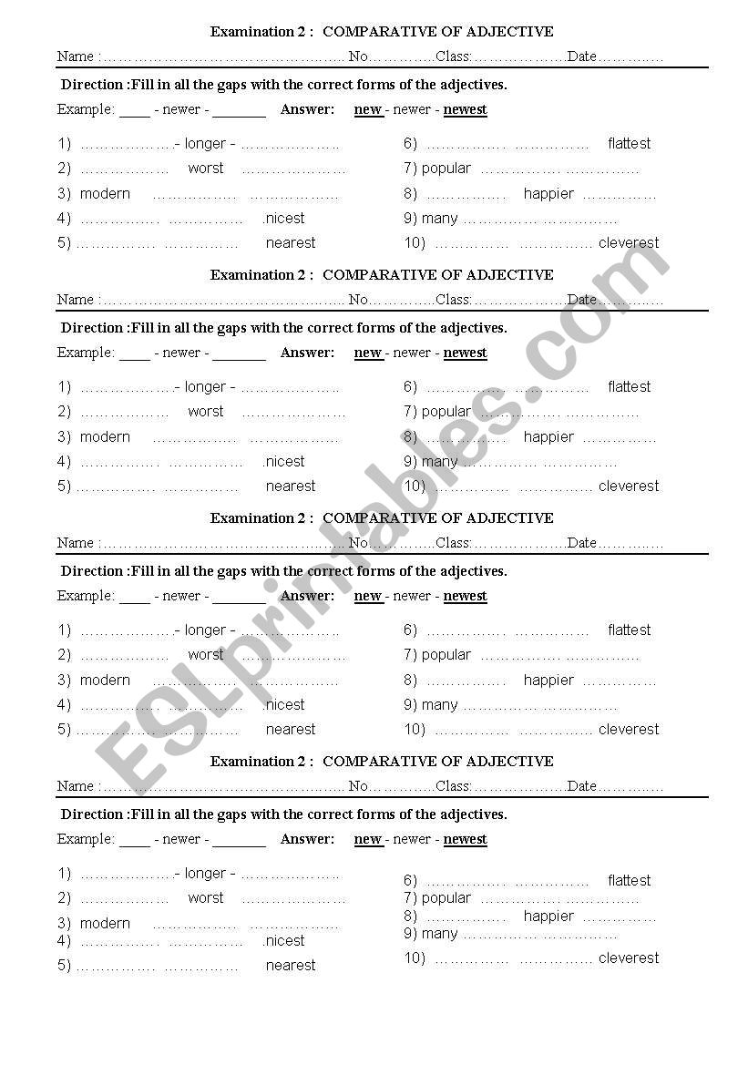 Comparative of  aajective worksheet