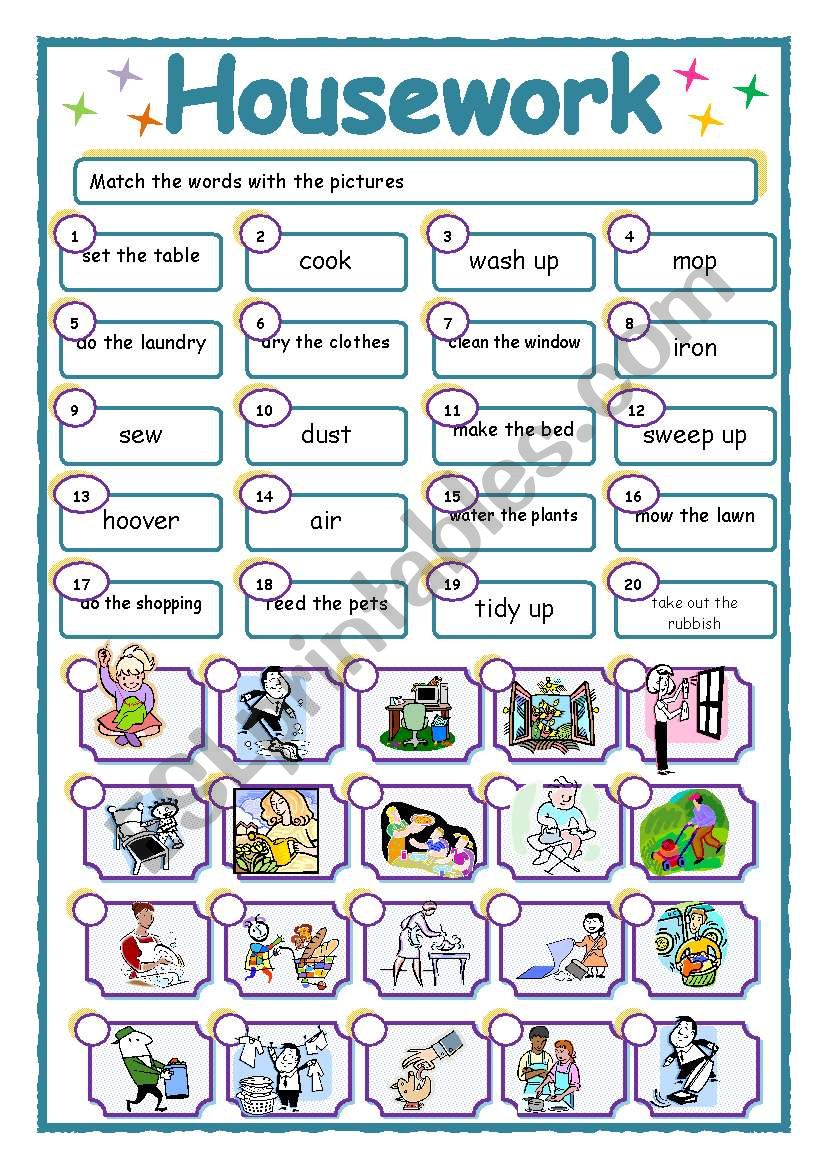 Housework - matching worksheet