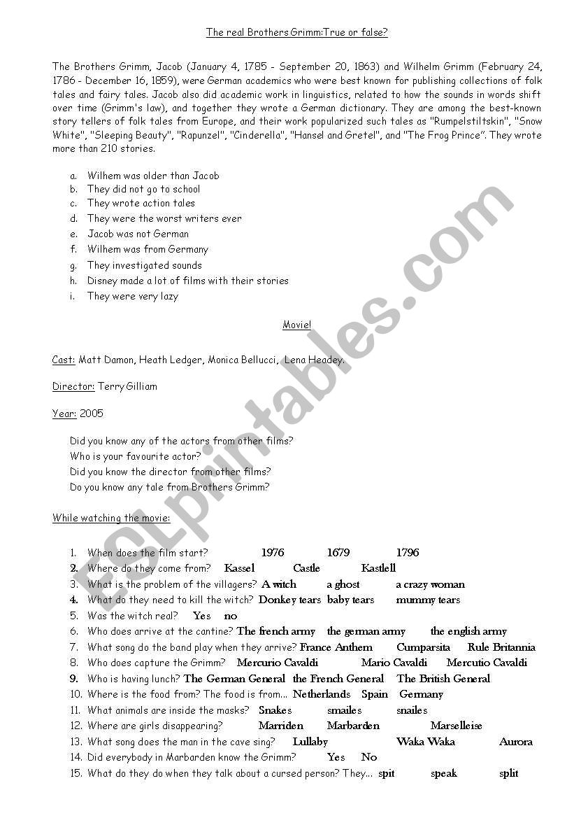 Brothers Grimm movie worksheet