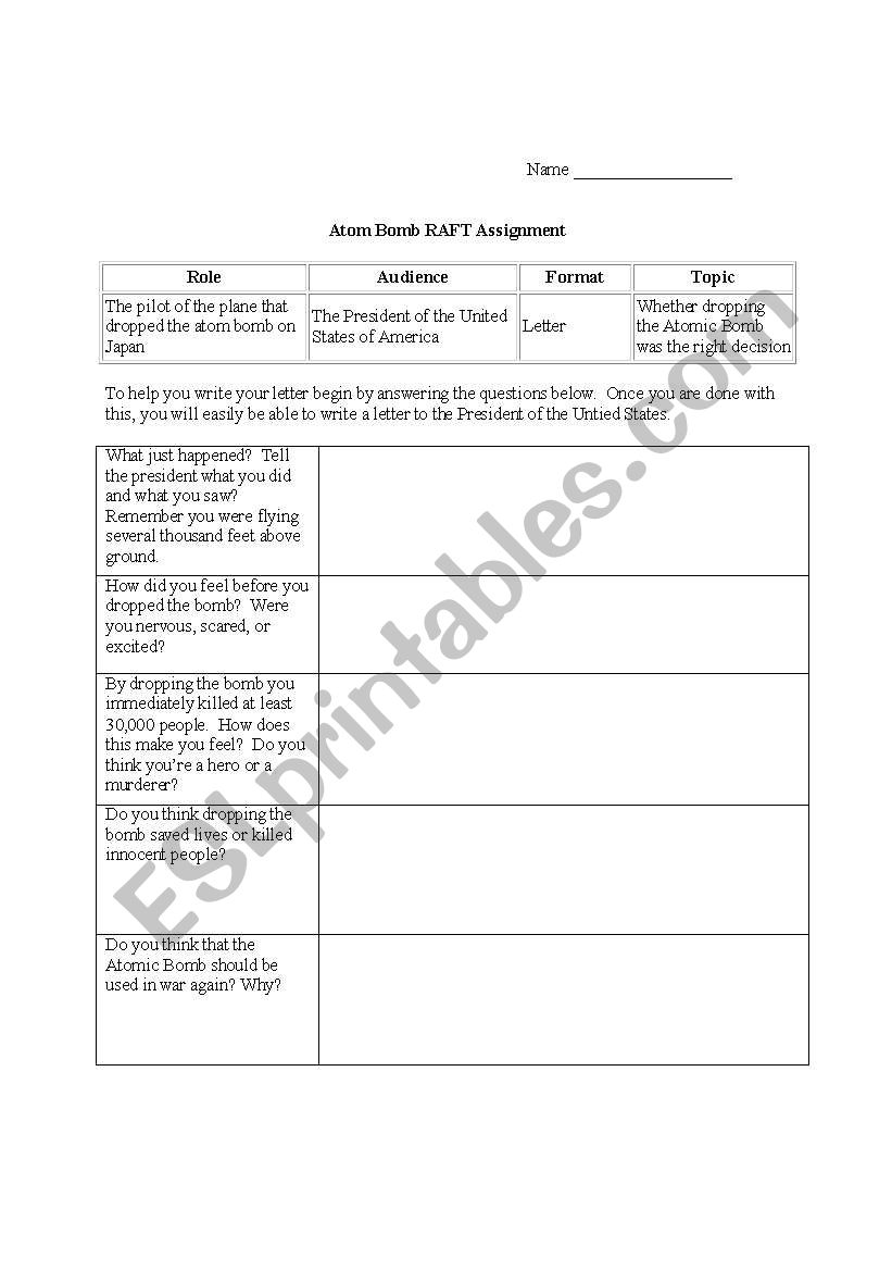 Atomic Bomb Raft worksheet