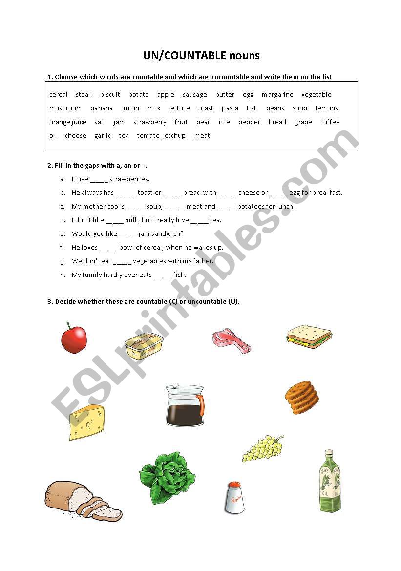 UN/COUNTABLE nouns worksheet