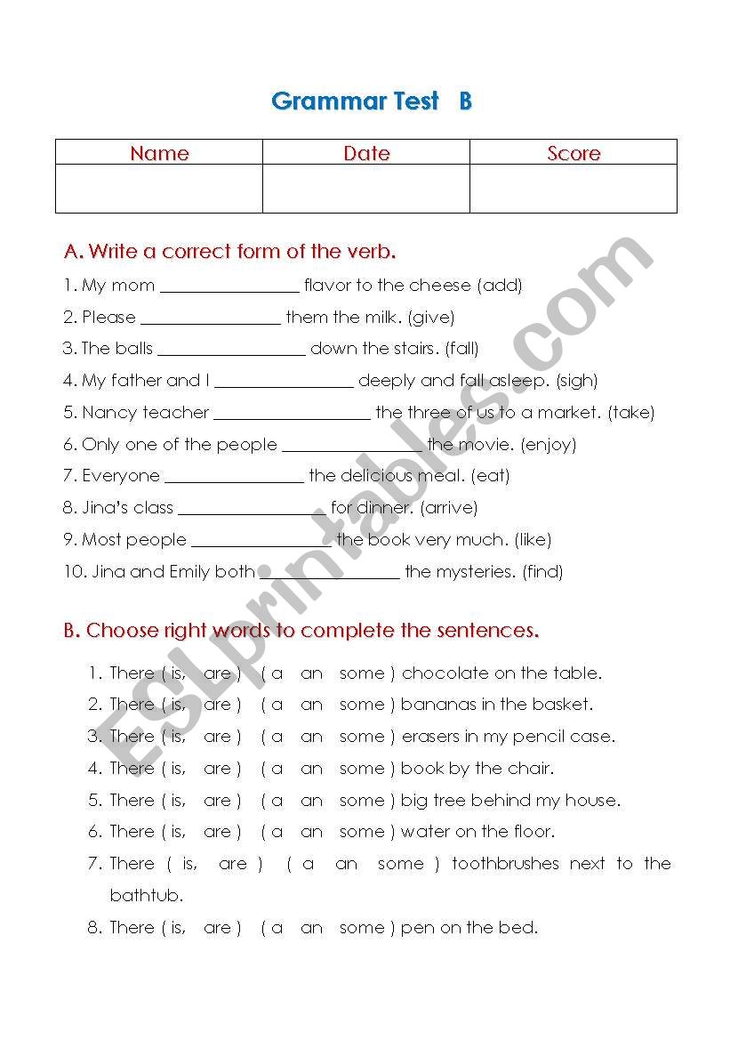 basic grammar test worksheet