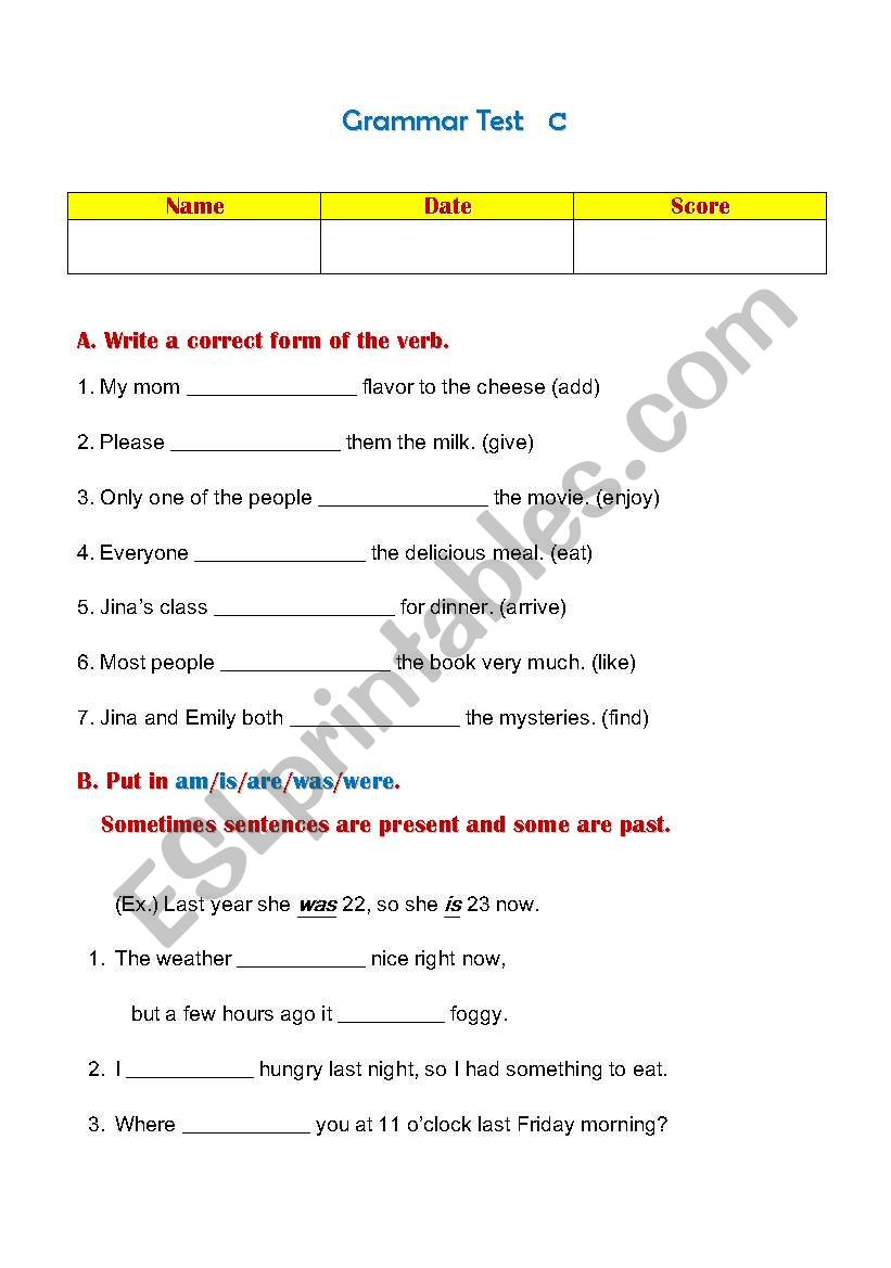 grammar test worksheet