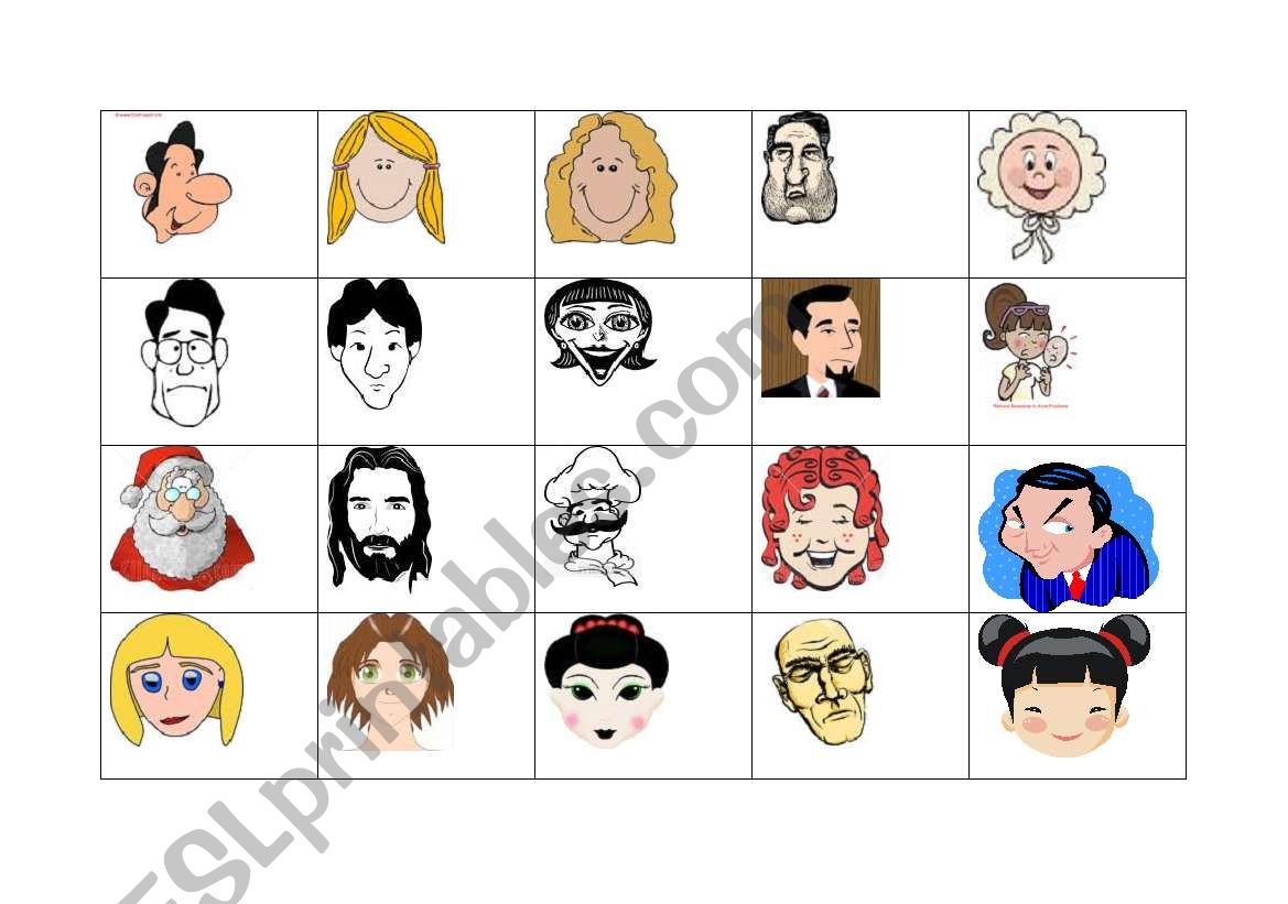 Faces Bingo caller sheet worksheet